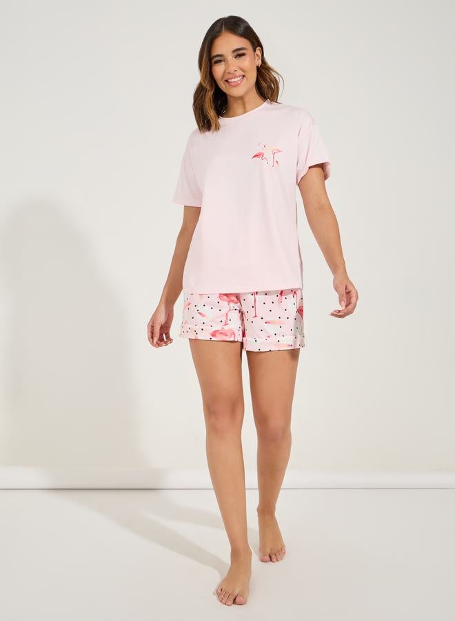 Styli Flamingo Dropped Shoulder T-Shirt & Piped Short Set  - Image 2