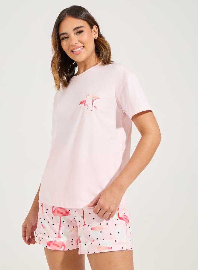 Styli Flamingo Dropped Shoulder T-Shirt & Piped Short Set  - Image 1