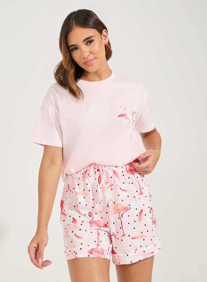 Styli Flamingo Dropped Shoulder T-Shirt & Piped Short Set  - Image 4