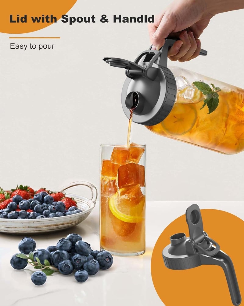 VA1KENE | 2 Pack | 64oz | Glass Pitcher with Lid Wide Mouth, 2 Quart (1.9 Liter) Mason Jar Pitcher with Lid and Spout, Leakproof Water Jug for Water, Juice, Tea, Iced Coffee, Milk Storage, Grey - Image 3