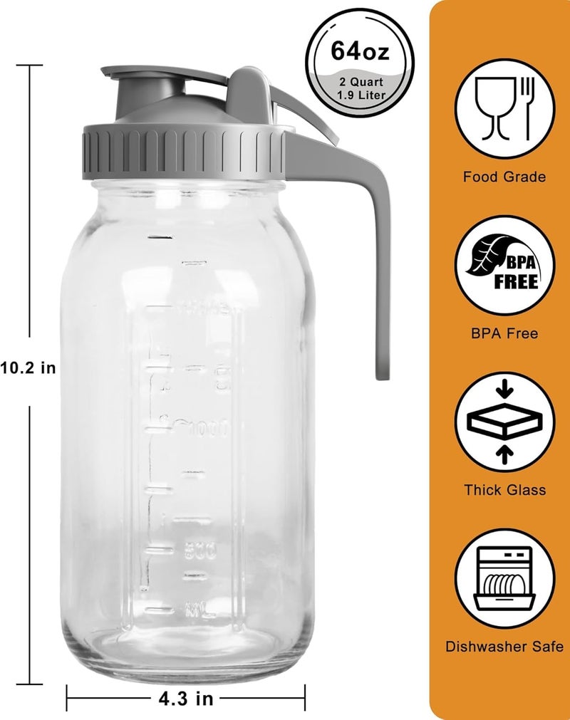 VA1KENE | 2 Pack | 64oz | Glass Pitcher with Lid Wide Mouth, 2 Quart (1.9 Liter) Mason Jar Pitcher with Lid and Spout, Leakproof Water Jug for Water, Juice, Tea, Iced Coffee, Milk Storage, Grey - Image 2