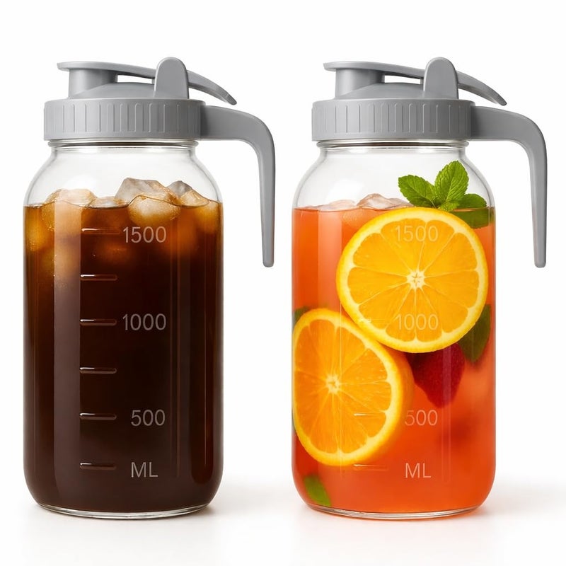 VA1KENE | 2 Pack | 64oz | Glass Pitcher with Lid Wide Mouth, 2 Quart (1.9 Liter) Mason Jar Pitcher with Lid and Spout, Leakproof Water Jug for Water, Juice, Tea, Iced Coffee, Milk Storage, Grey - Image 1