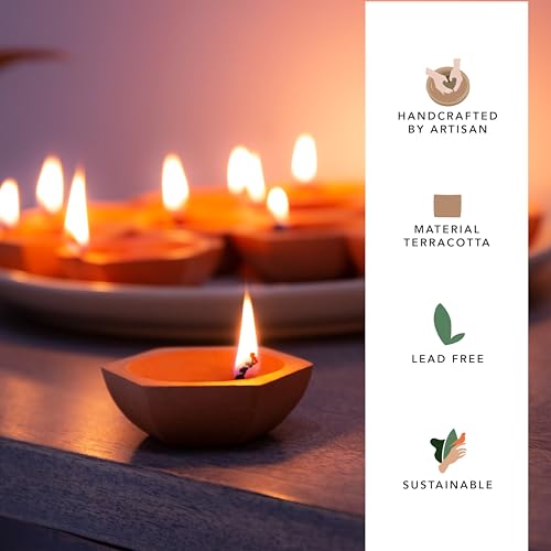 Ellementry Shathdeep Terracotta Diya Set of 24, Decorative Oil Lamp Diyas, Deepak for Mandir & Puja Thali, Decoration Items for Home & Office Decor, Gifts for Family, Friends & Employees - Image 2