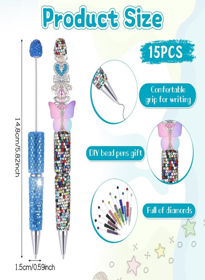 AOZUO 16 Pcs Glitter Beadable Pen Full Rhinestone Fancy Pens for Beads Cute Journalling Pens Multicolor Diamond Fun Bling Ballpoint Pen for Women DIY Craft Office Supplies(Full Diamond) - Image 2