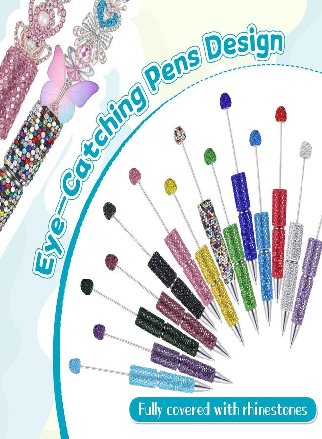AOZUO 16 Pcs Glitter Beadable Pen Full Rhinestone Fancy Pens for Beads Cute Journalling Pens Multicolor Diamond Fun Bling Ballpoint Pen for Women DIY Craft Office Supplies(Full Diamond) - Image 4