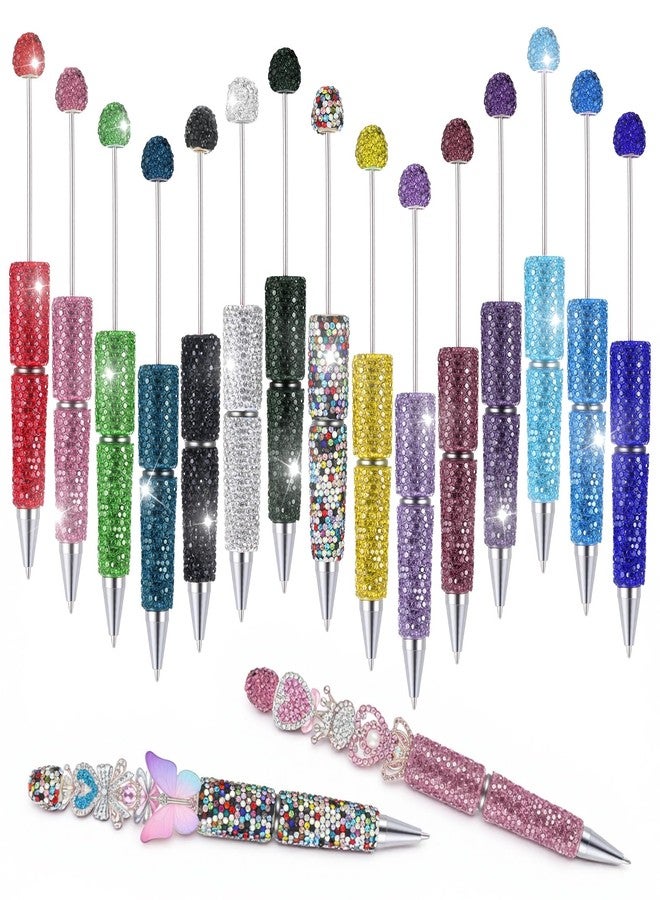 AOZUO 16 Pcs Glitter Beadable Pen Full Rhinestone Fancy Pens for Beads Cute Journalling Pens Multicolor Diamond Fun Bling Ballpoint Pen for Women DIY Craft Office Supplies(Full Diamond) - Image 1