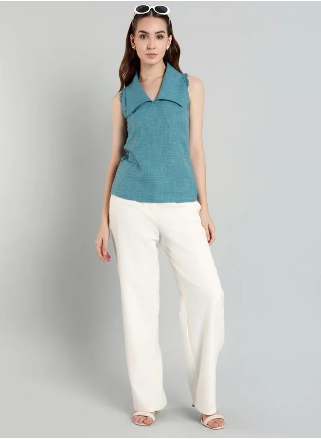 ميش Mish Women Blue Plain Sleeveless Top with Wide Collar