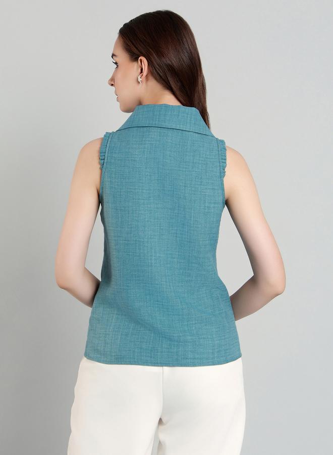 ميش توب نسائي أزرق سادة بدون أكمام بياقة واسعة - Image 5
