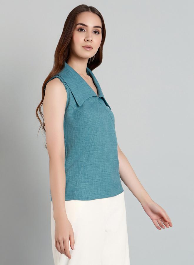 ميش توب نسائي أزرق سادة بدون أكمام بياقة واسعة - Image 3