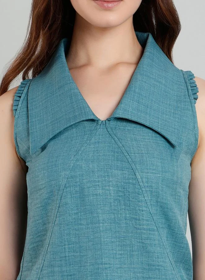 ميش ميش توب نسائي أزرق سادة بدون أكمام بياقة واسعة