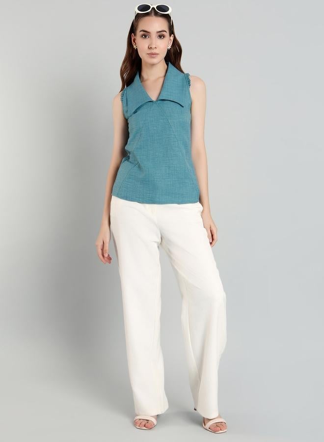 ميش توب نسائي أزرق سادة بدون أكمام بياقة واسعة - Image 4