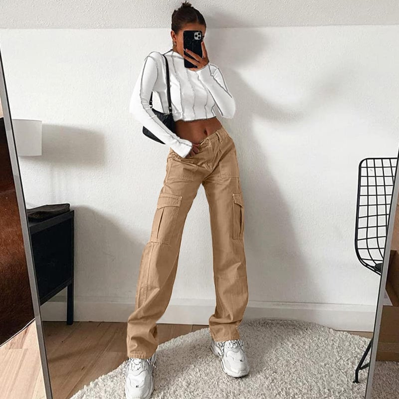 Lepunuo Womens Baggy Cargo Pants y2k Jeans Parachute Pants Teen Girls Wide Leg Trousers Trendy Clothes Hiking Pants Khaki - Image 5