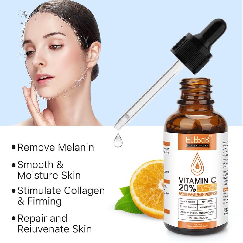 ELBBUB بريميوم 20% ð¯ð¢ð­ðšð¦ð¢ð§ ðœ ð¬ðžð«ð®ð¦ - (2PACK) مع حمض الهيالورونيك، الريتينول والأحماض الأمينية - تعزيز كولاجين البشرة، ترطيب وامتلاء البشرة، سيروم للوجه مضاد للشيخوخة والتجاعيد - Image 2