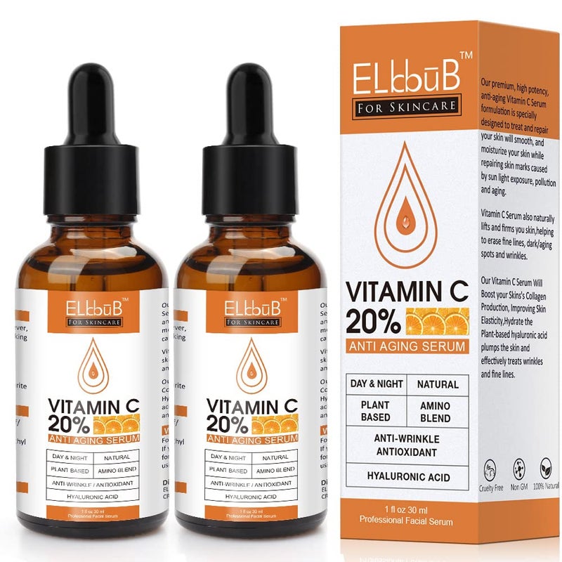 ELBBUB بريميوم 20% ð¯ð¢ð­ðšð¦ð¢ð§ ðœ ð¬ðžð«ð®ð¦ - (2PACK) مع حمض الهيالورونيك، الريتينول والأحماض الأمينية - تعزيز كولاجين البشرة، ترطيب وامتلاء البشرة، سيروم للوجه مضاد للشيخوخة والتجاعيد - Image 1