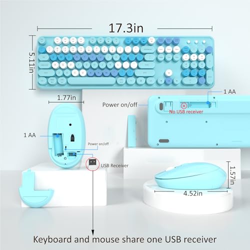 Links9+ Wireless Keyboard and Mouse, Full-Size Retro Typewriter Keyboard with Round Keycaps, 2.4GHz for Windows, Mac, Laptop, PC, Desktop (Blue Colorful) - Image 4