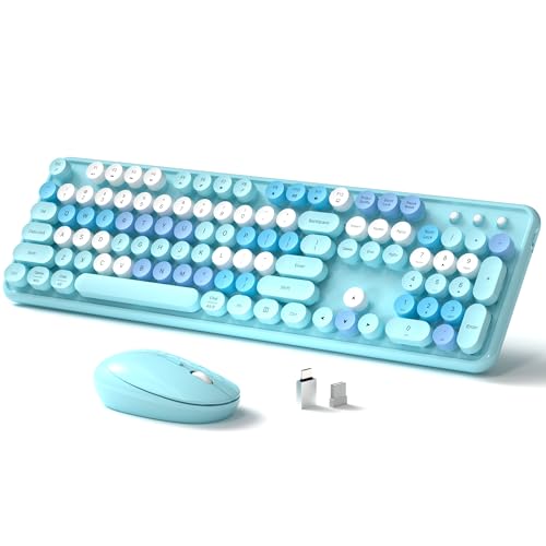 Links9+ Wireless Keyboard and Mouse, Full-Size Retro Typewriter Keyboard with Round Keycaps, 2.4GHz for Windows, Mac, Laptop, PC, Desktop (Blue Colorful) - Image 1