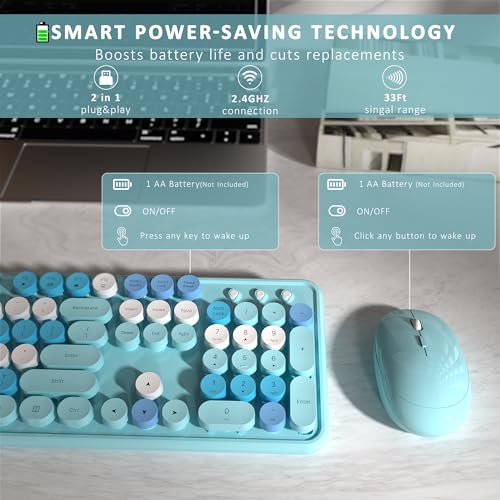 Links9+ Wireless Keyboard and Mouse, Full-Size Retro Typewriter Keyboard with Round Keycaps, 2.4GHz for Windows, Mac, Laptop, PC, Desktop (Blue Colorful) - Image 5