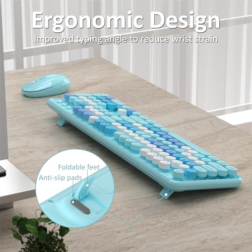 Links9+ Wireless Keyboard and Mouse, Full-Size Retro Typewriter Keyboard with Round Keycaps, 2.4GHz for Windows, Mac, Laptop, PC, Desktop (Blue Colorful) - Image 3