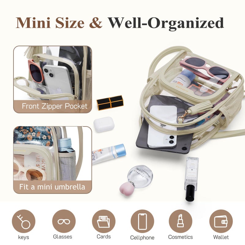 Missnine Mini Clear Backpack Stadium Approved, Thick PVC Small Clear Bag with Leather Trim for Sports Event, Concert, Festival, Khaki - Image 3