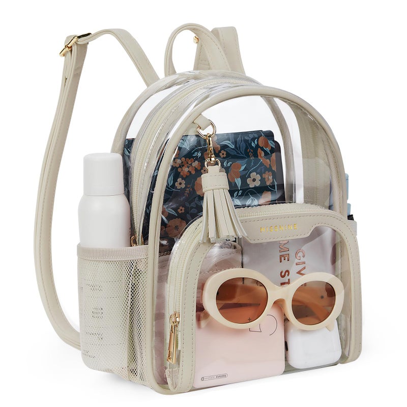 Missnine Mini Clear Backpack Stadium Approved, Thick PVC Small Clear Bag with Leather Trim for Sports Event, Concert, Festival, Khaki - Image 1