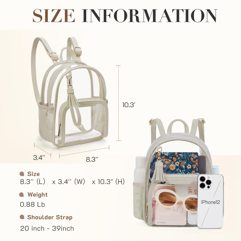 Missnine Mini Clear Backpack Stadium Approved, Thick PVC Small Clear Bag with Leather Trim for Sports Event, Concert, Festival, Khaki - Image 2