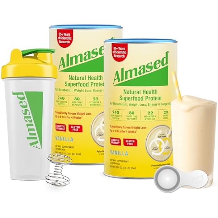 Almased Meal Replacement Shakes for Weight Loss - Protein Powder - Starter Kit (Almond Vanilla Flavor, 2 Cans of 17.6 oz + Shaker Bottle + Scoop) - Image 1