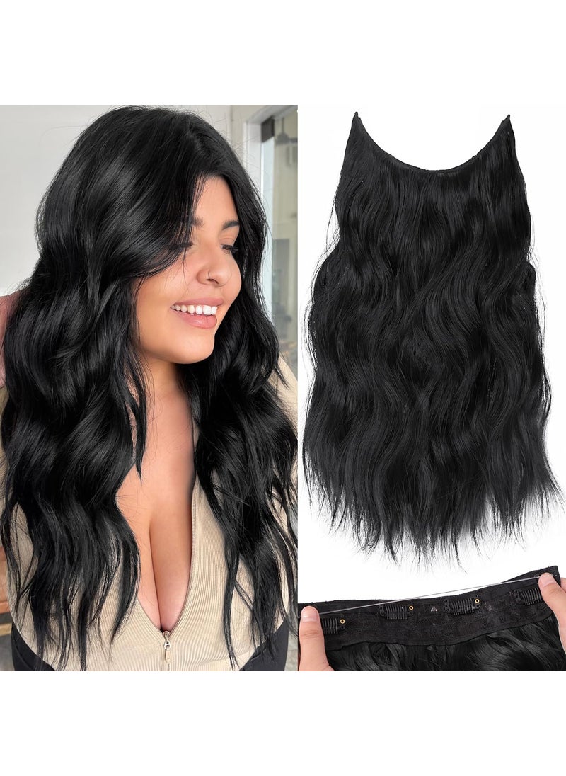 KooKaStyle KooKaStyle Invisible Wire Hair Extensions with Transparent Headband Adjustable Size 4 Secure Clips Long Wavy Secret Wire Hairpiece for Women 16 Inch Black1B 
