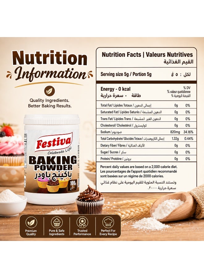 Festiva Baking Powder 100g - Leavening Agent for Cakes, Cookies, Bread and Baking Recipes - Fine Baking Powder - Image 1