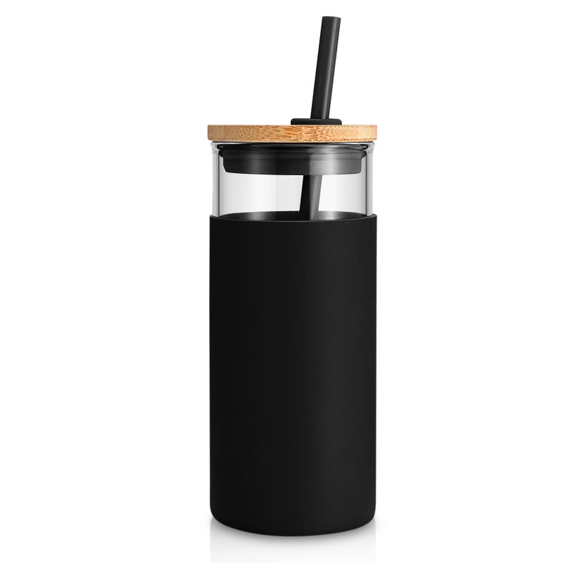 Tronco 20 oz Glass Tumbler with Lid and Straw Reusable Iced Coffee Cup with Silicone Sleeve  Bamboo Lid Smoothie Cup for Home Office for Father Men Day Gift from Wife Daughter Son Black