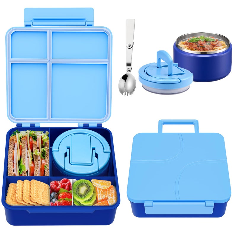 Howeemo Bento Lunch Box for Kids with 8oz Soup Thermo,Kids Leakproof Lunch Food Containers with 4 Compartment,Kids Insulated Thermo Hot Food Jar for School, Trvael-Blue - Image 1
