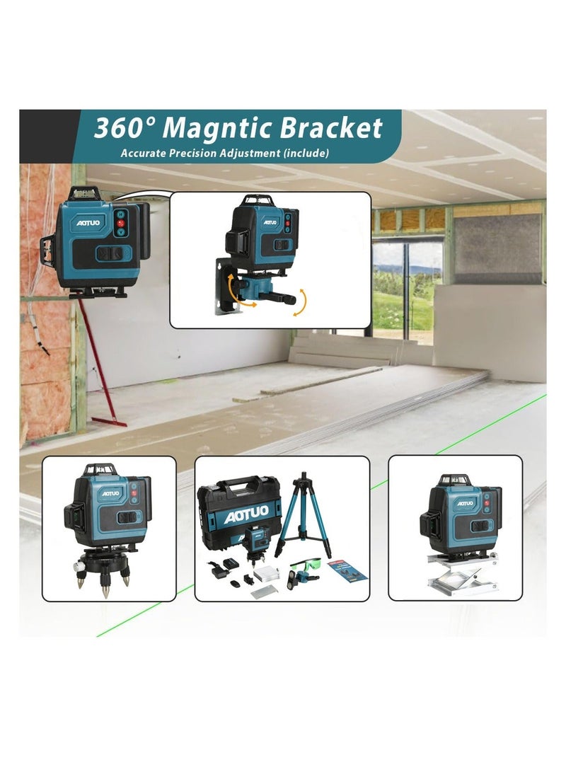 او تو او مستوى ليزر أخضر 4x360° بـ 16 خطًا مع حامل ثلاثي القوائم، وخطوط متقاطعة خضراء رباعية الأبعاد للبناء وتعليق الصور، وأداة قياس بالليزر مع بطاريتين قابلتين لإعادة الشحن وحقيبة أدوات... - Image 4