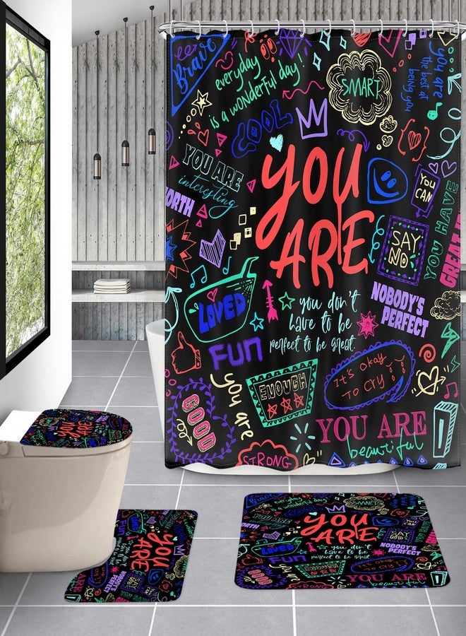 AMBZEK Neon Kids Inspirational Quotes 4Pcs Shower Curtain Sets 72Wx72L Inch You are Motivational Abstract Funny Colorful Artwork Cloth Fabric Waterproof Polyester Bathroom Decor Set with 12 Pack Hooks - Image 1