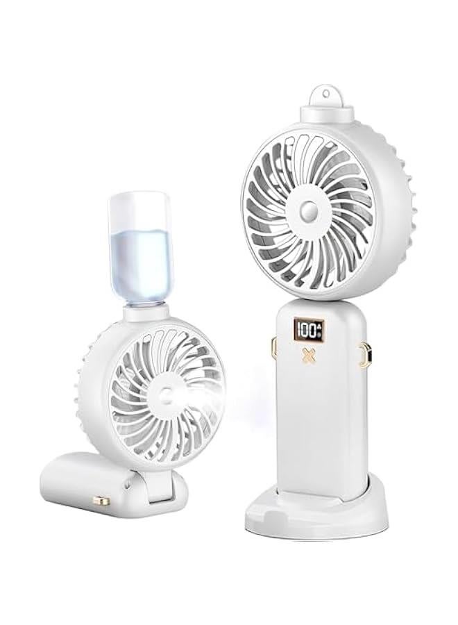 HOOKOR Durku Portable Handheld Misting Fan, Battery Operated Fan with Base, 8 Hours, Digital Display, 5 Speeds, 90° Foldable Cooling Fan, Rechargeable Mini Fan for Travel Camping Outdoor, Home (White) - Image 1