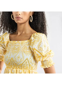 FAV Printed A-Line Midi Dress with Shirred Detail and Short Sleeves  - Image 4