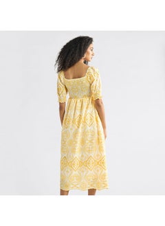 FAV Printed A-Line Midi Dress with Shirred Detail and Short Sleeves  - Image 3