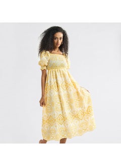 FAV Printed A-Line Midi Dress with Shirred Detail and Short Sleeves  - Image 1