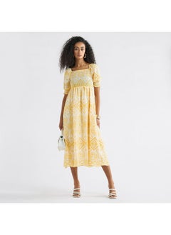 FAV Printed A-Line Midi Dress with Shirred Detail and Short Sleeves  - Image 2