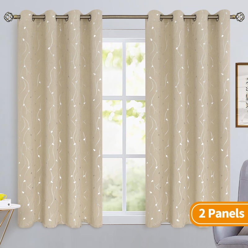 BGment Room Darkening Curtains 45 Inches Long  Grommet Thermal Insulated Blackout Curtains with Wave Line and Dots Printed for Bedroom  2 Panels  Each 52 x 45 Inch  Beige - Image 2