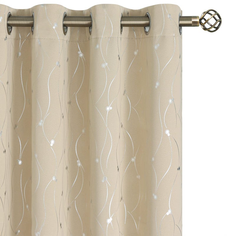 BGment Room Darkening Curtains 45 Inches Long  Grommet Thermal Insulated Blackout Curtains with Wave Line and Dots Printed for Bedroom  2 Panels  Each 52 x 45 Inch  Beige - Image 1