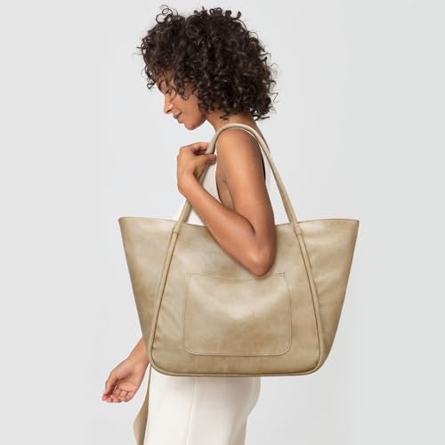 KKXIU Large Tote Bag for Women with Zipper Work Leather Travel Purse and Handbags - Beige - Image 2