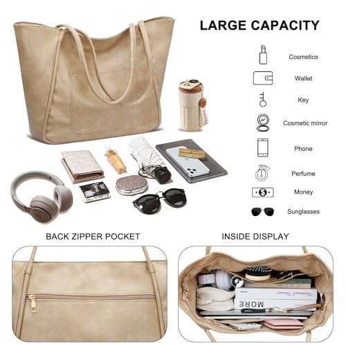 KKXIU Large Tote Bag for Women with Zipper Work Leather Travel Purse and Handbags - Beige - Image 4