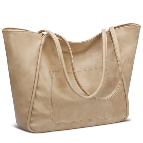KKXIU Large Tote Bag for Women with Zipper Work Leather Travel Purse and Handbags - Beige - Image 1