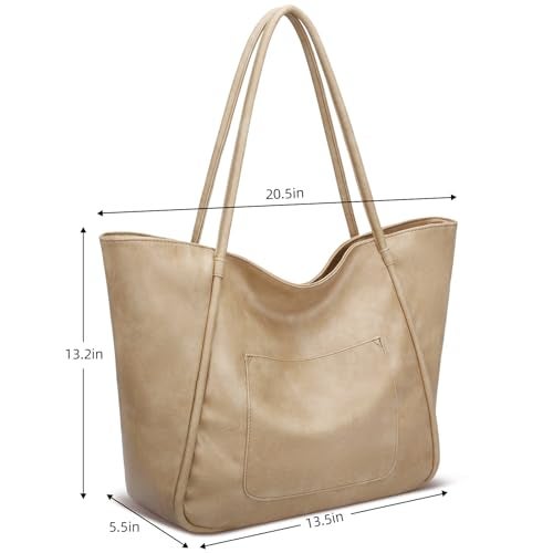 KKXIU Large Tote Bag for Women with Zipper Work Leather Travel Purse and Handbags - Beige - Image 5