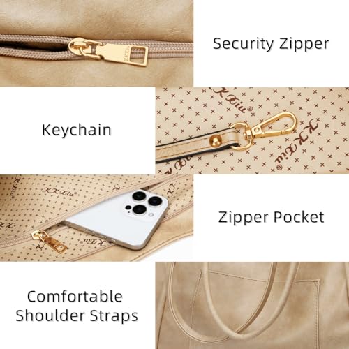 KKXIU Large Tote Bag for Women with Zipper Work Leather Travel Purse and Handbags - Beige - Image 3