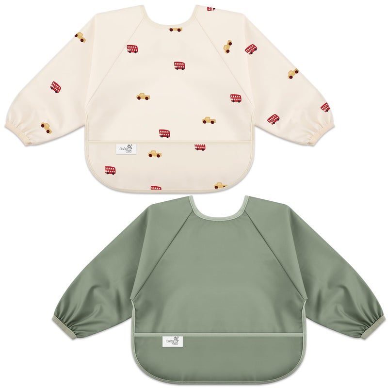 BebeBiu Long Sleeve Baby Bib, Waterproof Fabric, Full Coverage with Catch-All Pocket, Baby Smock Bib, Adjustable Sleeves Toddler bib for Ages 6-24 Months (Cars Sage, Small 6-24 Months) - Image 1