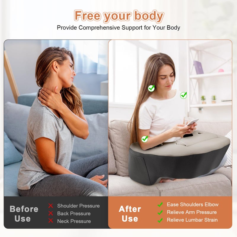 NPET Ergonomic Memory Foam Lap Desk Pillow with Tablet Stand, Arm Rest Cushion with Dual Cup Holders & Side Pockets, Ice Silk Washable Cover for Bed Sofa Gaming Reading Office, Kids & Adults (Black Gray) - Image 3