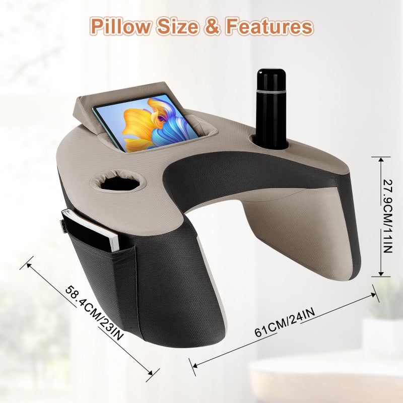 NPET Ergonomic Memory Foam Lap Desk Pillow with Tablet Stand, Arm Rest Cushion with Dual Cup Holders & Side Pockets, Ice Silk Washable Cover for Bed Sofa Gaming Reading Office, Kids & Adults (Black Gray) - Image 2