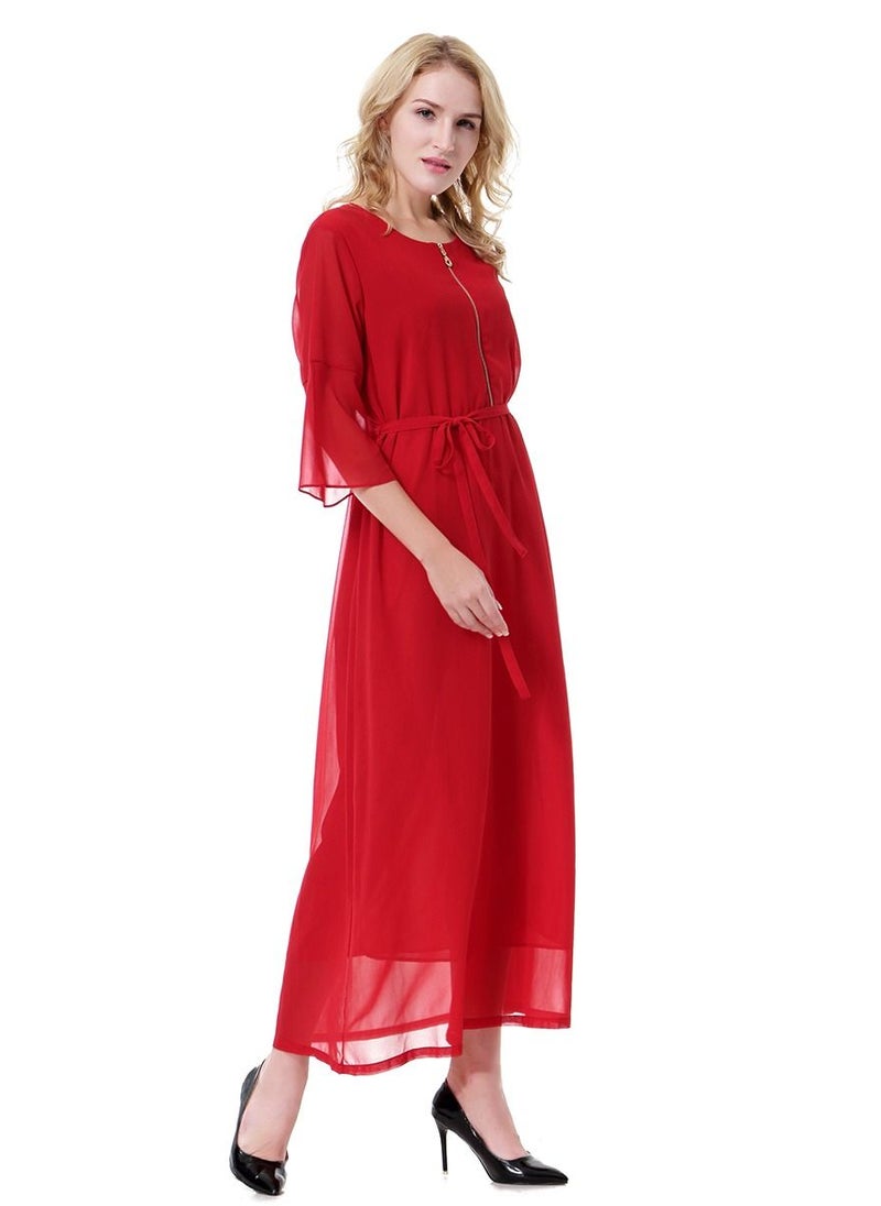 Loquat - Women's Solid Color Round Neck Chiffon Dress Half Sleeve Zipper Robe Red - Image 1