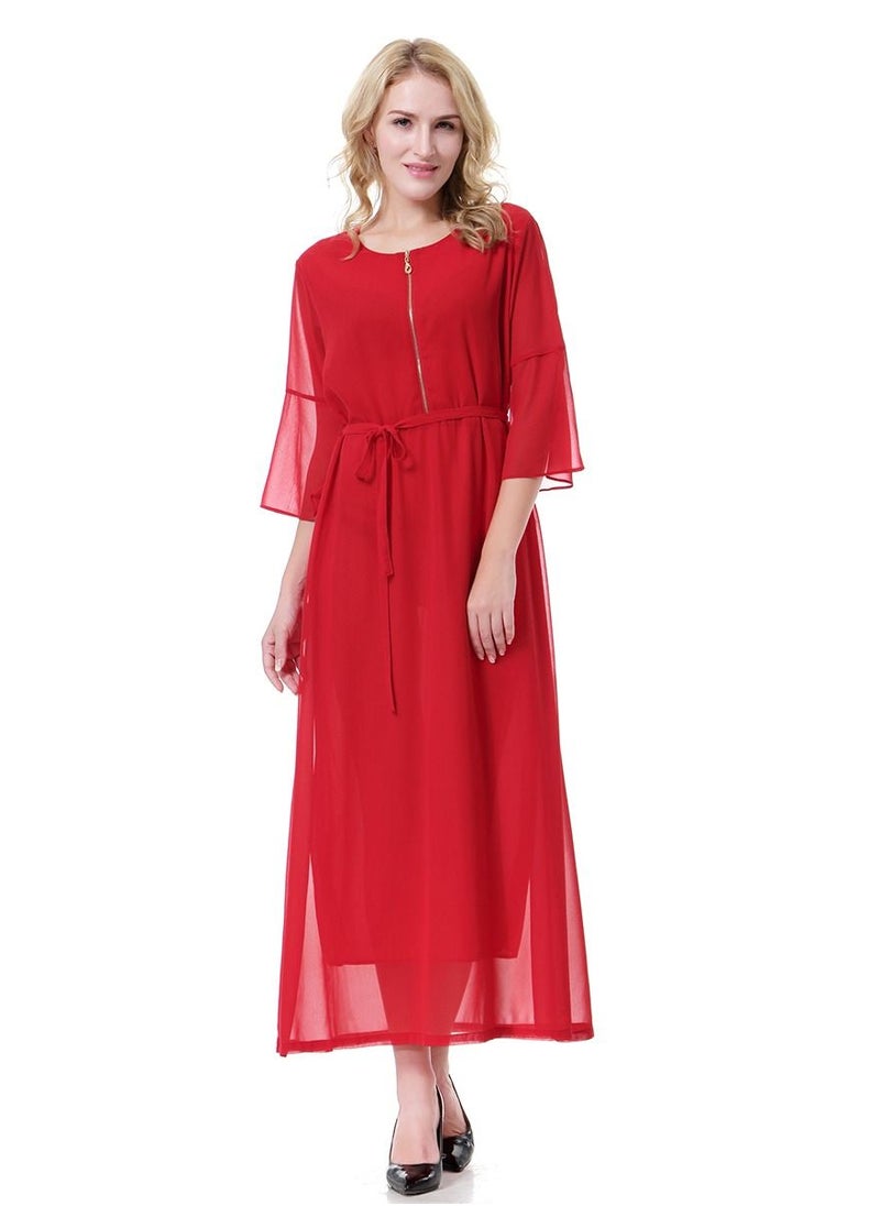 Loquat - Women's Solid Color Round Neck Chiffon Dress Half Sleeve Zipper Robe Red - Image 1