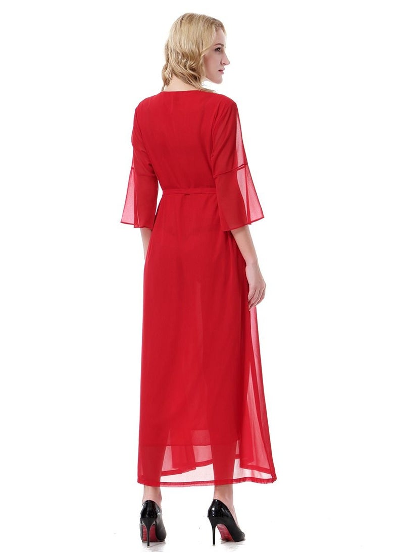 Loquat - Women's Solid Color Round Neck Chiffon Dress Half Sleeve Zipper Robe Red - Image 1